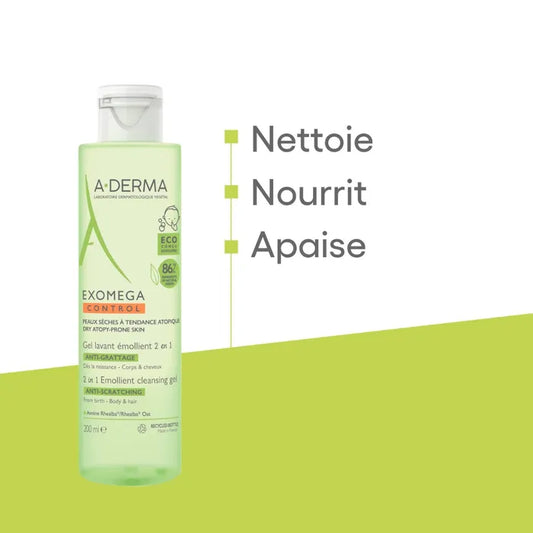 A-derma EXOMEGA CONTROL - Gel Lavant Émollient 2 en 1 Anti-Grattage Bébé - Visage Corps et Cheveux - Peaux Sèches à Tendance Atopique, 200ml