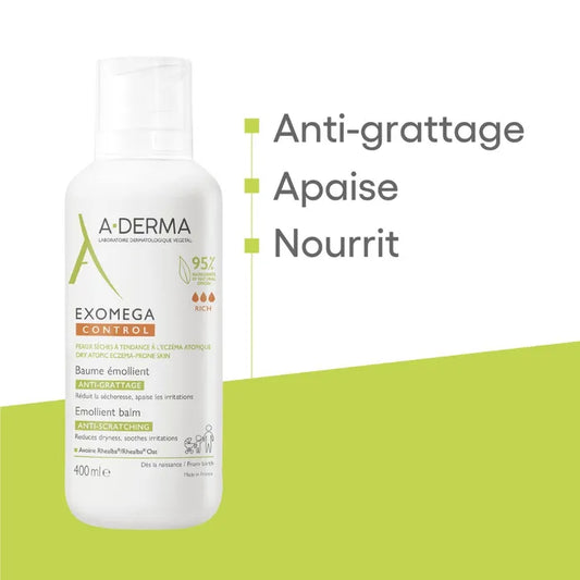 A-derma EXOMEGA CONTROL - Baume Émollient Anti-Grattage - Visage et Corps - Peaux Sèches à Tendance Atopique, 400ml