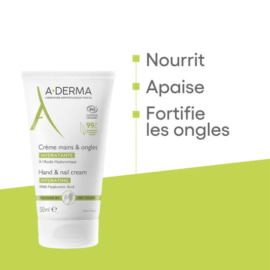 A-derma LES INDISPENSABLES - Crème Mains et Ongles Hydratante à l'Acide Hyaluronique - Peaux Sèches, 50ml