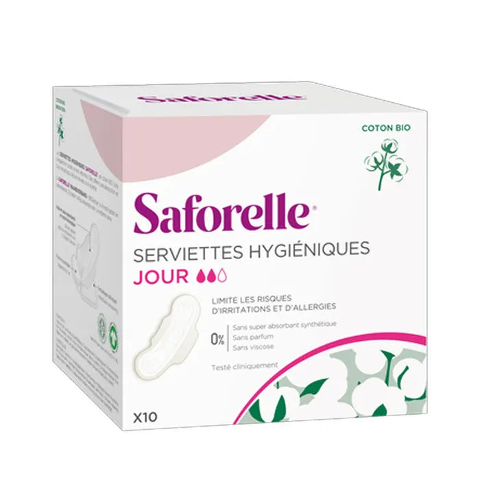 SAFORELLE – Serviettes Hygiéniques Jour – Coton Bio x10
