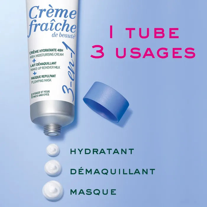 Nuxe CRÈME FRAÎCHE DE BEAUTÉ - 3-EN-1 Crème Hydratante 48h, Lait Démaquillant, Masque Repulpant - Visage et Yeux,100ml