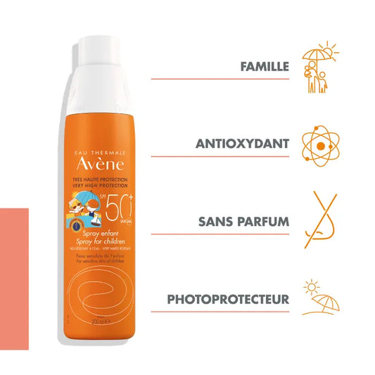 Avène SOLAIRE - Spray Enfant SPF50+ - Visage et Corps - Peaux Sensibles, 200ml