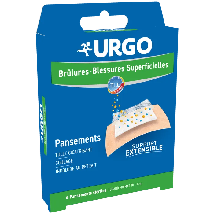 Urgo BRÛLURES BLESSURES SUPERFICIELLES - Pansements Stériles, 4 unités grand format