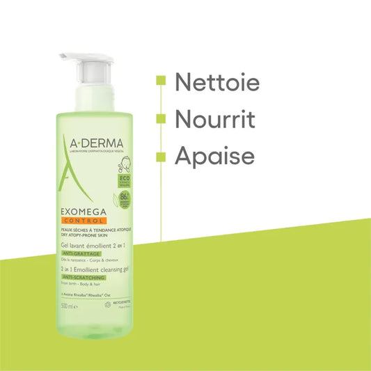 A-derma EXOMEGA CONTROL - Gel Lavant Émollient 2 en 1 Anti-Grattage Bébé - Visage Corps et Cheveux - Peaux Sèches à Tendance Atopique, 2x500ml