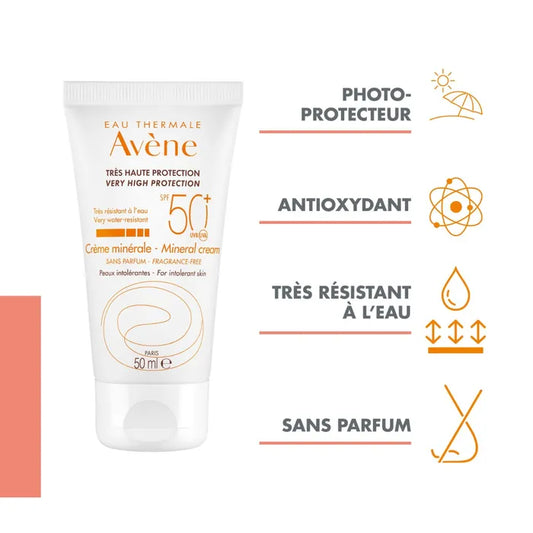 Avène SOLAIRE - Crème Minérale SPF50+ Sans Parfum - Visage - Peaux Intolérantes, 50ml