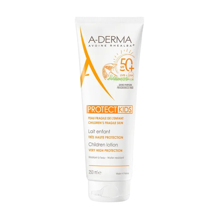 A-derma PROTECT KIDS - Lait Solaire Enfant Très Haute Protection SPF50+ - Visage et Corps - Peaux Fragiles, 250ml