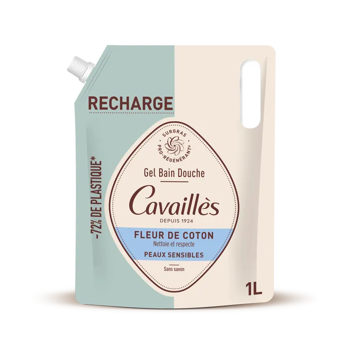 Cavaillès QUOTIDIEN - Eco-Recharge Gel Bain Douche Surgras Actif Fleur de Coton - Peaux Sensibles, 1L