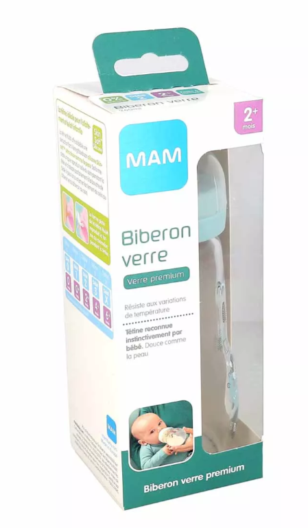 MAM Biberon Verre Premium 2+ mois tétine débit 2 Bleu 260 ml