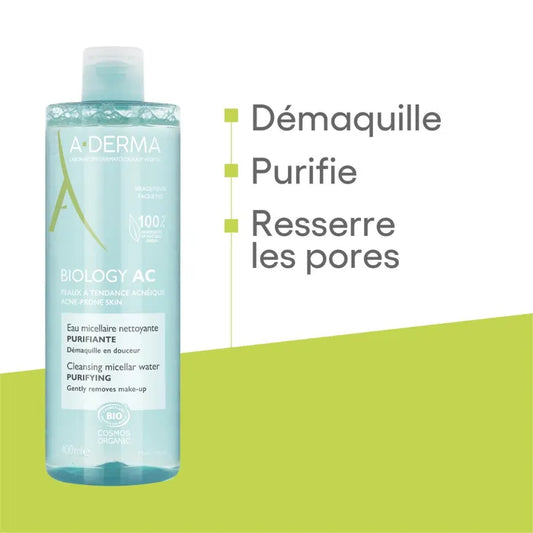 A-derma BIOLOGY AC - Eau Micellaire Nettoyante Purifiante Bio - Visage et Yeux - Peaux à Tendance Acnéique, 400ml