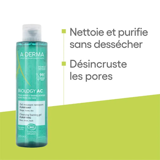 A-derma BIOLOGY AC - Gel Moussant Nettoyant Purifiant Bio - Visage, Buste et Dos - Peaux Grasses à Tendance Acnéique, 200ml