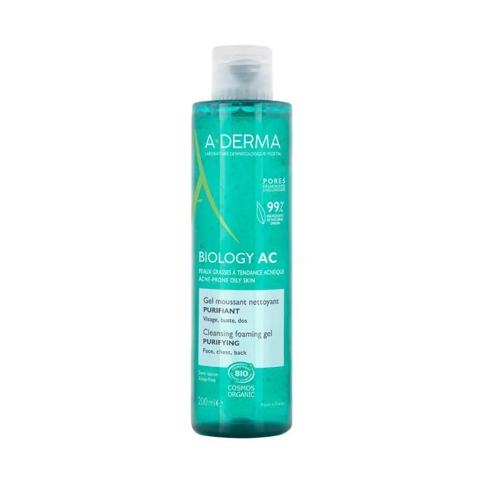 A-derma BIOLOGY AC - Gel Moussant Nettoyant Purifiant Bio - Visage, Buste et Dos - Peaux Grasses à Tendance Acnéique, 200ml