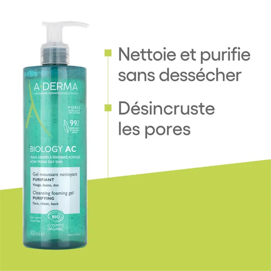 A-derma BIOLOGY AC - Gel Moussant Nettoyant Purifiant Bio - Visage, Buste et Dos - Peaux Grasses à Tendance Acnéique, 400ml