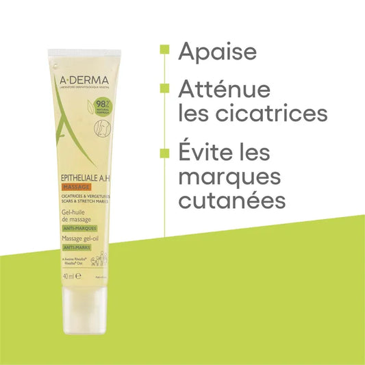 A-derma EPITHELIALE A.H - Gel-Huile de Massage anti-Marques - Visage et Corps - Peaux Fragilisées, 40ml