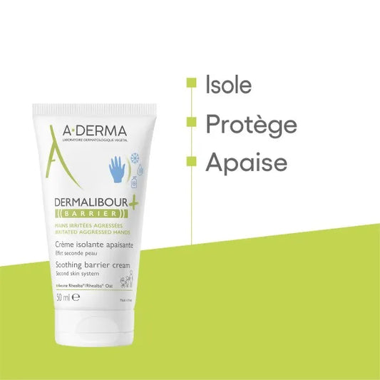 A-derma DERMALIBOUR+ BARRIER - Crème Isolante Apaisante - Mains - Peaux Irritées Agressées, 50ml
