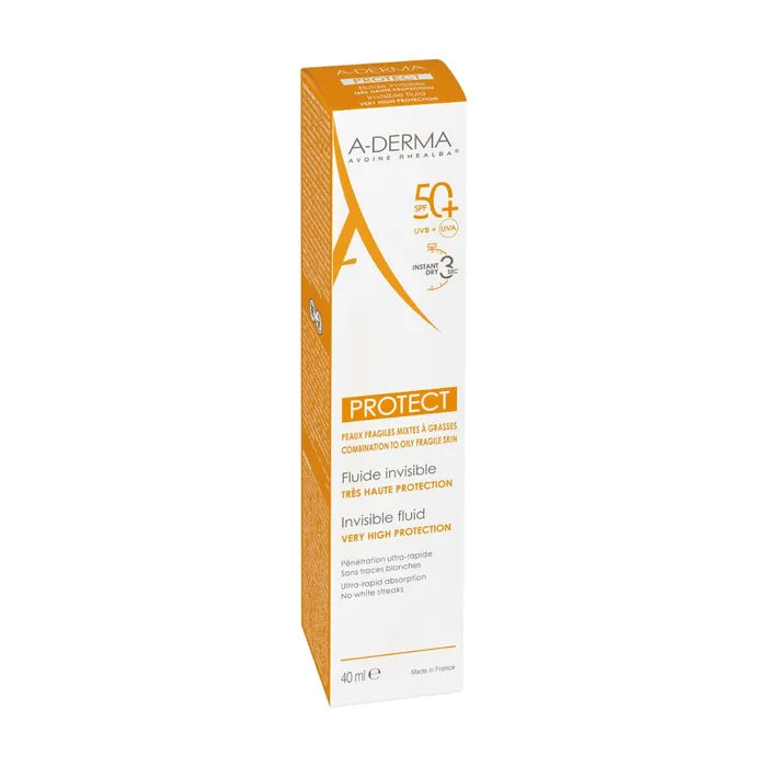 A-derma PROTECT - Fluide Solaire Invisible Très Haute Protection SPF50+ - Visage - Peaux Mixtes à Grasses, 40ml