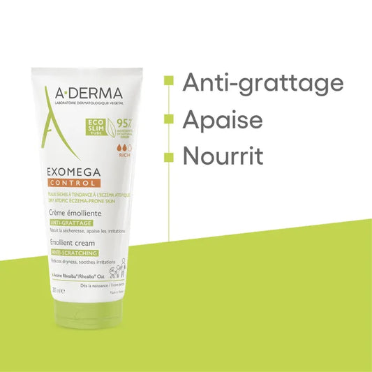 A-derma EXOMEGA CONTROL - Crème Émolliente Anti-Grattage - Visage et Corps - Peaux Sèches à Tendance Atopique, 200ml