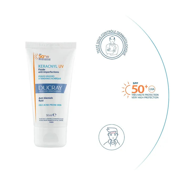 Ducray KERACNYL UV - Anti-Imperfection Fluid SPF50+ - Oily Skin with Acne Prone Skin, 50ml