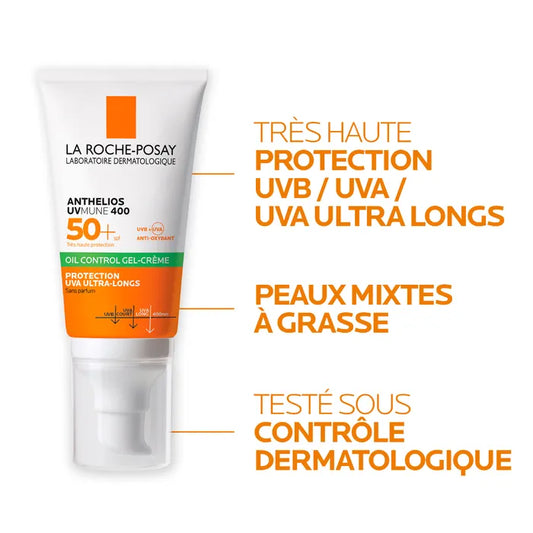 La Roche-Posay ANTHELIOS UVMUNE 400 - SPF50+ Crème Solaire Visage en Gel-Crème Anti-Brillance Sans Parfum, 50ml