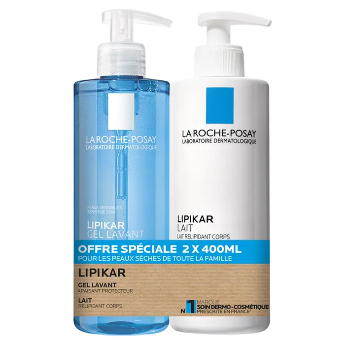 La Roche-Posay LIPIKAR - Lait Relipidant Corps + Gel Douche Lavant Apaisant, Peaux Sèches, 2x400 ml