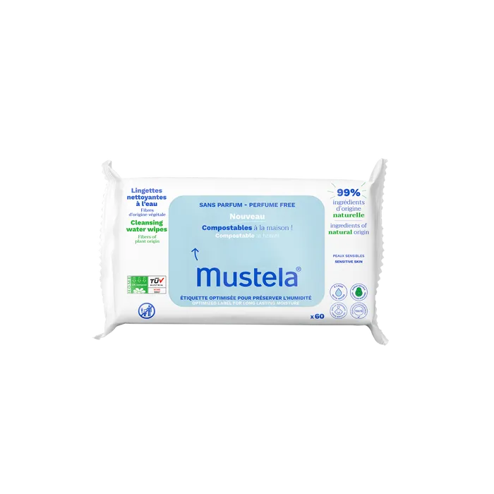 Mustela BEBE - Lingettes Nettoyantes à l'Eau Compostables, 60 Lingettes