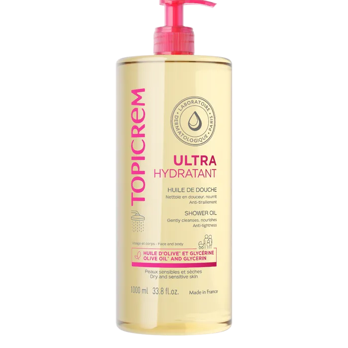 Topicrem ULTRA-HYDRATANT - Huile de Douche - Visage et Corps - Peaux Sensibles et Sèches, 1L