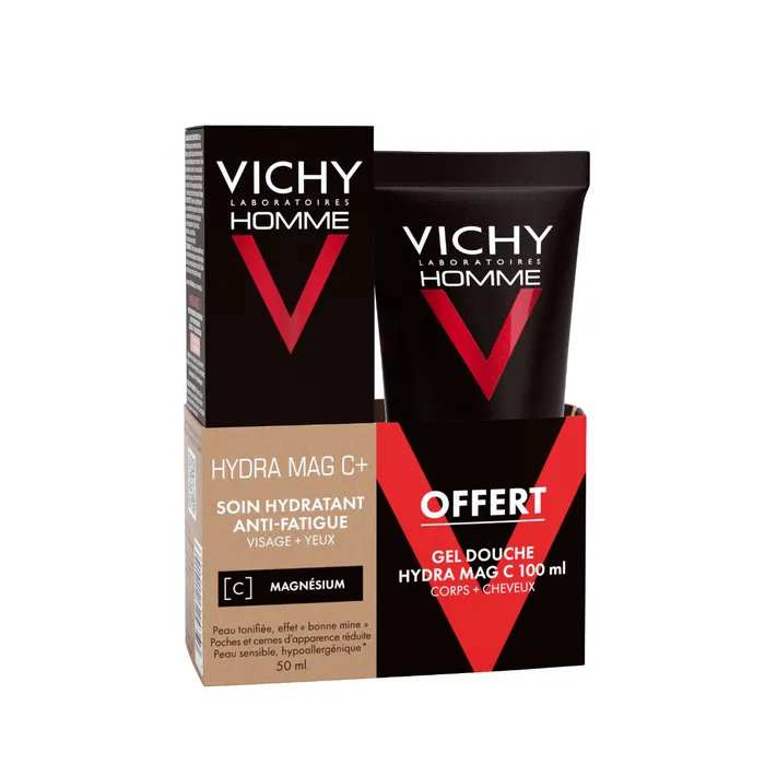Vichy HOMME HYDRA MAG C - Coffret Soin Hydratant Anti-Fatigue Visage Yeux, 50ml + Hydra Mag C Gel Douche - Corps et Cheveux 100ml Offert - Peaux Sensibles