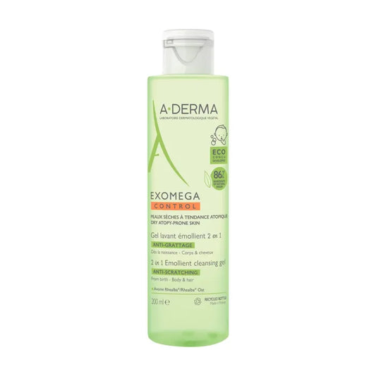 A-derma EXOMEGA CONTROL - Gel Lavant Émollient 2 en 1 Anti-Grattage Bébé - Visage Corps et Cheveux - Peaux Sèches à Tendance Atopique, 200ml