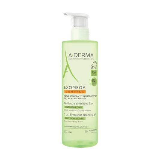 A-derma EXOMEGA CONTROL - Gel Lavant Émollient 2 en 1 Anti-Grattage Bébé - Visage Corps et Cheveux - Peaux Sèches à Tendance Atopique, 500ml