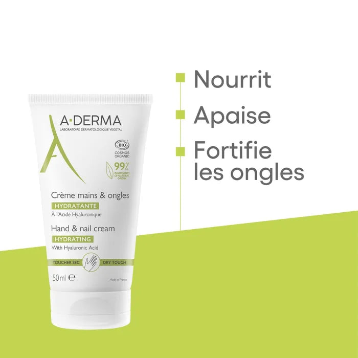 A-derma LES INDISPENSABLES - Crème Mains et Ongles Hydratante à l'Acide Hyaluronique - Peaux Sèches, 50ml
