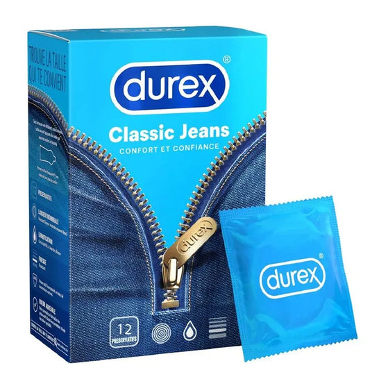 Durex CLASSIC JEANS - Préservatifs Extra Lubrifiés, 12 Unités