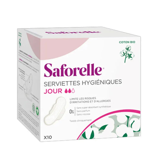 SAFORELLE – Serviettes Hygiéniques Jour – Coton Bio x10