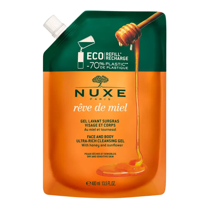 Nuxe RÊVE DE MIEL - Eco Recharge Gel Lavant Surgras - Visage et Corps - Peaux Sèches et Sensibles, 400ml