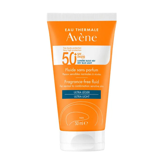 Avène SOLAIRE - Fluide Ultra Léger SPF50+ Sans Parfum - Visage - Peaux Sensibles Normales à Mixtes, 50ml