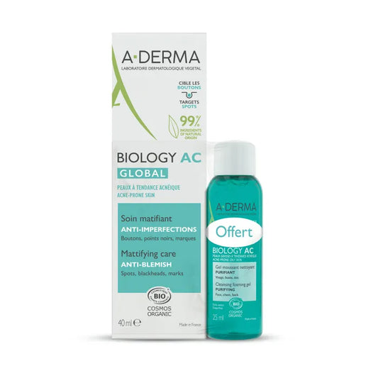 A-derma BIOLOGY AC GLOBAL - Soin Matifiant Anti-Imperfections Bio 40ml + Gel Moussant Nettoyant Purifiant Bio 25ml Offert