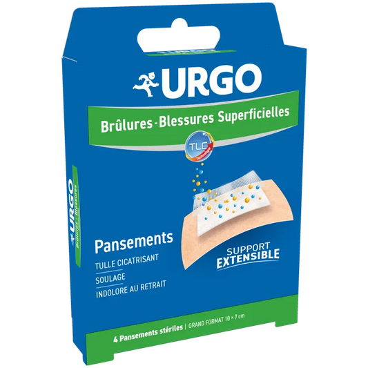 Urgo BRÛLURES BLESSURES SUPERFICIELLES - Pansements Stériles, 4 unités grand format