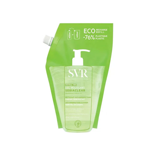 SVR SEBIACLEAR - Eco Recharge Gel Moussant Nettoyant Anti-Imperfections - Visage et Corps - Peaux Grasses à Tendance Acnéique, 400ml
