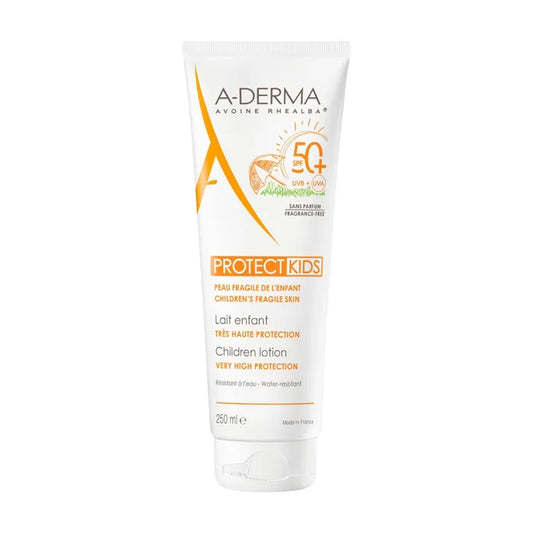A-derma PROTECT KIDS - Lait Solaire Enfant Très Haute Protection SPF50+ - Visage et Corps - Peaux Fragiles, 250ml
