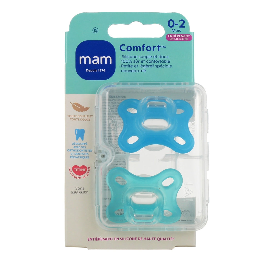 MAM Comfort Sucette Silicone Bleu – 0 Mois et 2 Mois