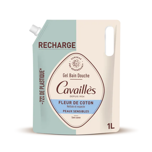 Cavaillès QUOTIDIEN - Eco-Recharge Gel Bain Douche Surgras Actif Fleur de Coton - Peaux Sensibles, 1L