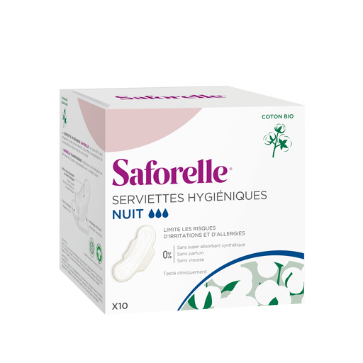 SAFORELLE – Serviettes Hygiéniques Nuit – Coton Bio x10