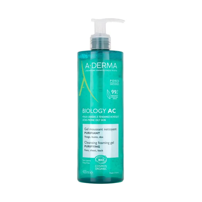 A-derma BIOLOGY AC - Gel Moussant Nettoyant Purifiant Bio - Visage, Buste et Dos - Peaux Grasses à Tendance Acnéique, 400ml