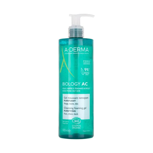 A-derma BIOLOGY AC - Gel Moussant Nettoyant Purifiant Bio - Visage, Buste et Dos - Peaux Grasses à Tendance Acnéique, 400ml