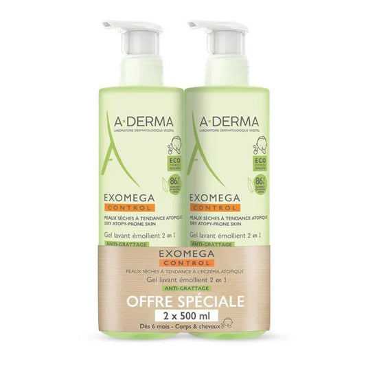 A-derma EXOMEGA CONTROL - Gel Lavant Émollient 2 en 1 Anti-Grattage Bébé - Visage Corps et Cheveux - Peaux Sèches à Tendance Atopique, 2x500ml