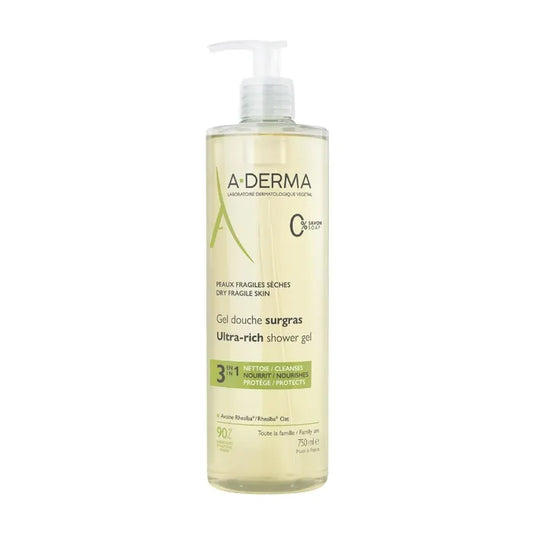 A-derma LES INDISPENSABLES - Gel Douche Surgras 3 en 1 - Visage et Corps - Peaux Fragiles Sèches, 750ml