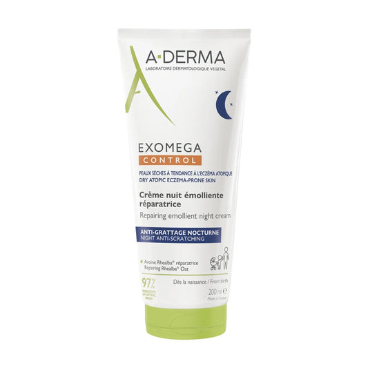 A-derma EXOMEGA CONTROL - Crème Nuit Emolliente Réparatrice - Visage et Corps - Peaux Sèches à Tendance Atopique, 200ml
