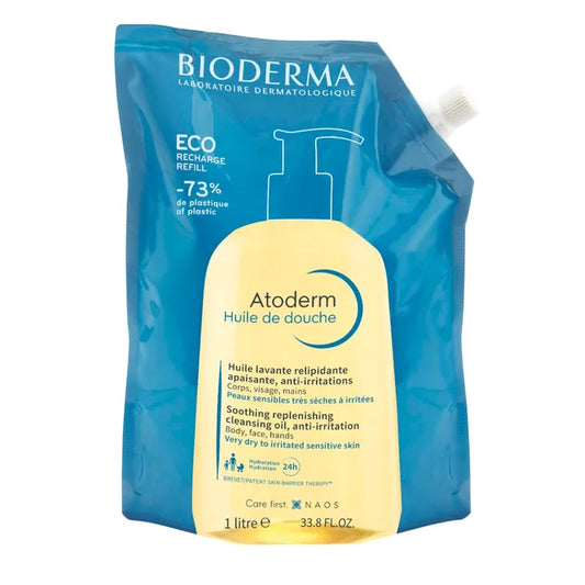Bioderma ATODERM - Huile de Douche Lavante Relipidante Anti-Irritations Eco Recharge - Visage et Corps - Peaux Sensibles Sèches, 1L
