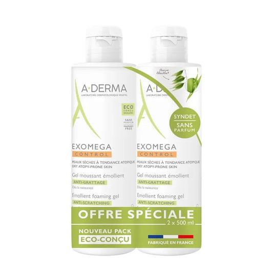 A-derma EXOMEGA CONTROL - Gel Moussant Émollient Anti-Grattage - Visage et Corps - Peaux Sèches à Tendance Atopique, 2x500ml