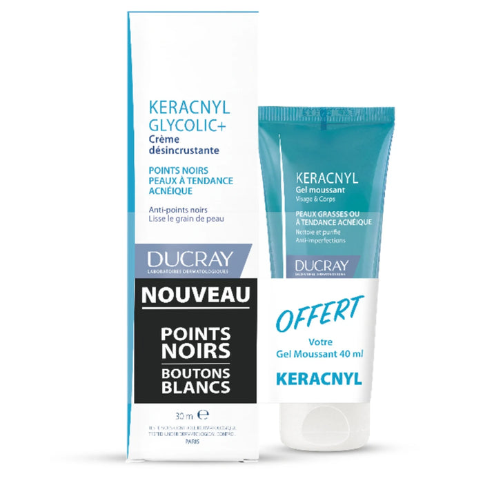 Ducray KERACNYL GLYCOLIC+ - Crème Désincrustante 30ml + Gel Moussant 40ml Offert - Points Noirs, Peaux Grasses à Tendance Acnéique