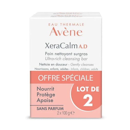 Avène XERACALM A.D - Pain Nettoyant Surgras - Visage et Corps - Peaux Très Sèches à Tendance Atopique, 2x100g