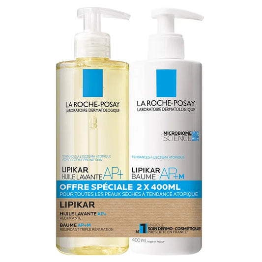 La Roche-Posay LIPIKAR AP+M – Baume + Huile Lavante Peaux Tendance Eczéma Atopique Visage & Corps, 2x400 ml